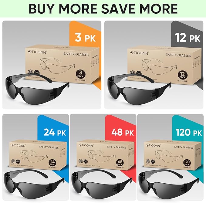 TICONN Clear Safety Glasses for Men, Safety Goggles with Scratch Impact Resistant Meets ANSI Z87.1 Standard