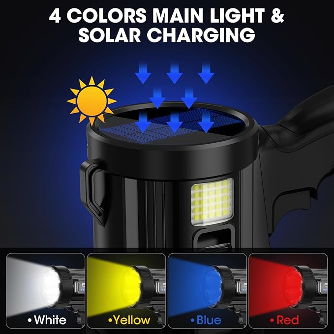 Rechargeable Spotlight, 90,000 Lumens Super Bright Handheld Led Flashlight, Outdoor Spot Light with Cob Light and Solar Panelsfor Boating Camping