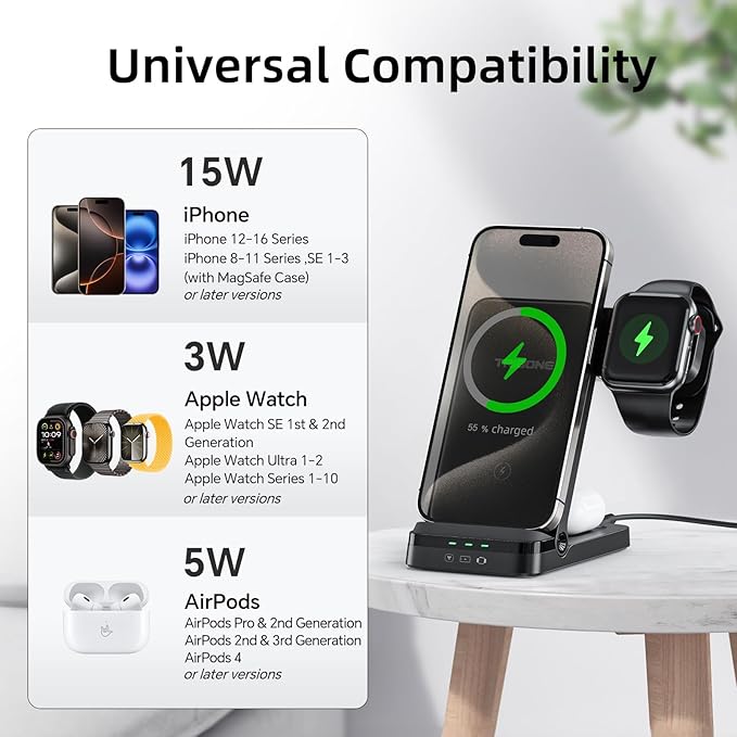 Wireless Charger, Tribone 3 in 1 Foldable Fast Charger for iPhone 16 15 14 13 12 11 Pro Max XR XS 8 Plus,for Multiple Devices，for Apple Watch 10 9 8 7 6 5 4 3 2 SE Ultra,for AirPods Pro 4 3 2, Black