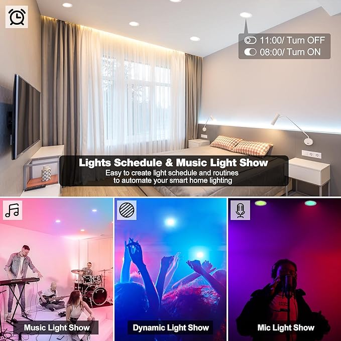 Smart Can Light 6 Inch, WiFi & Bluetooth LED Downlight 6Pack, Multicolorred, Dimmeble, 2700K-6500K CCT Selectable, RGBCW Remote LED Recessed Lighting Compatible with Alexa Google Home