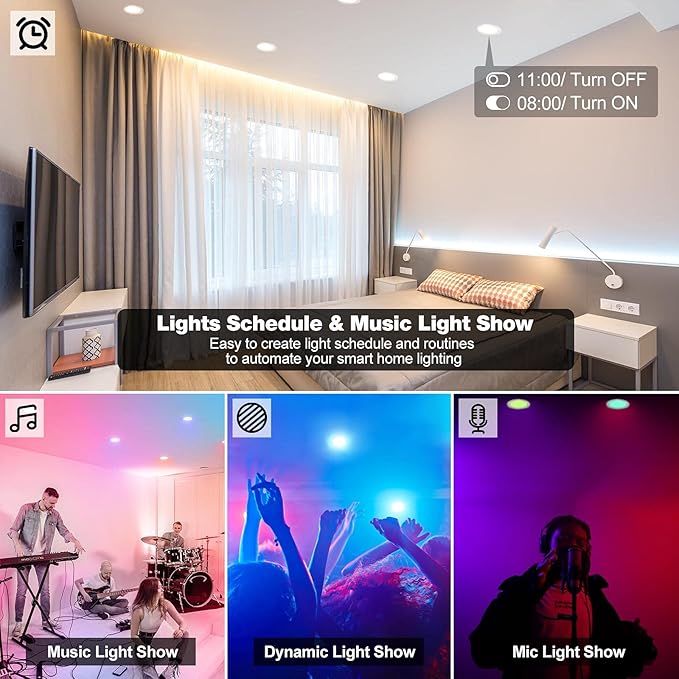 Smart Can Light 6 Inch, Multicolorred, Dimmeble, 2700K-6500K CCT Selectable, RGB Remote LED Recessed Lighting 4 Pack, WiFi & Bluetooth LED Downlight, Compatible with Alexa Google Home