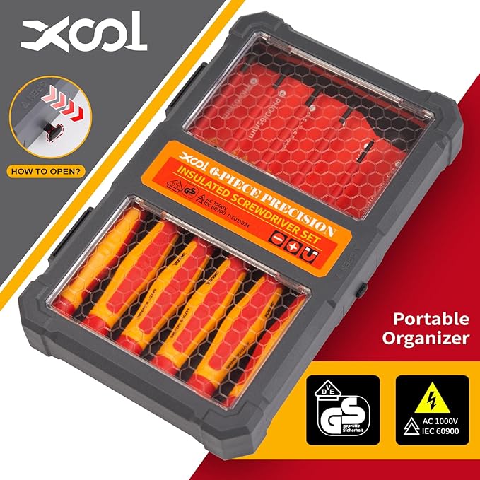 XOOL 6PCS 1000V Insulated Precision Electrician Screwdrivers Set, Slotted and Phillips Magnetic Tip, Chrome Vanadium Steel, VDE & GS Certified for Safe Electrician Repair