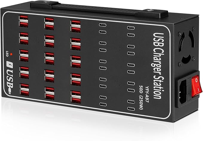 250W USB~c Charging Station, 50 Port (30 USB A & 20 USB~C Port) USB~C Charger Block, Fast Charging Station for Multiple Devices, Desktop USB Charger Compatible for iPhone, iPad, Tablets