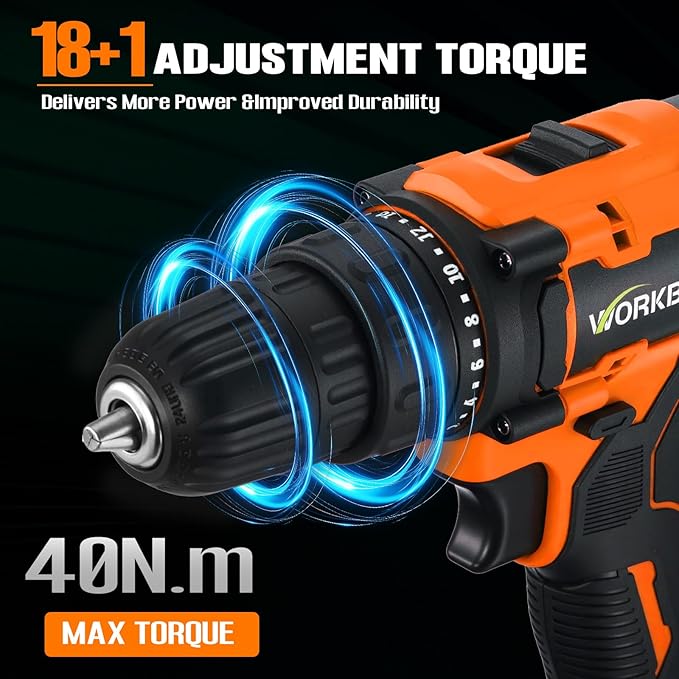 WORKBLESS 21V Power Drill Set, Cordless Drill with Battery and Charger, 3/8'' Keyless Chuck, Variable Speed, 18+1 Torque Setting and 28pcs Drilling/Driver Bits Tool Set(Orange)