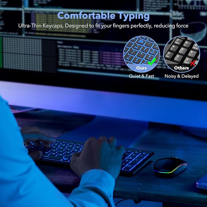 Wireless Keyboard and Mouse Bluetooth, Multi-Device Mini Keyboard, Switch up to 3 Devices, Slim Portable Travel Backlit Cordless Set, RGB Silent Mouse, for Mac, Windows, iOS, Android, Ipad - SABLUTE