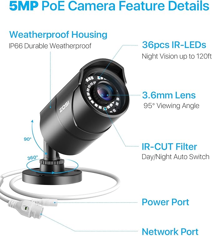 ZOSI 4 Pack 5MP 3K Add-on Security POE Camera with Cable, 2880 x 1620 Indoor Outdoor Bullet IP Camera, 120ft Night Vision, 3.6mm Lens, 95°View Angle, IP66 Weatherproof (Only Work with Our PoE NVR)