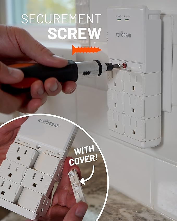 ECHOGEAR Wall Outlet with USB Ports & Surge Protection - Power Protect 8 Devices 6 Rotating AC Plugs 2 Includes 1x USB-C Port USB-A White