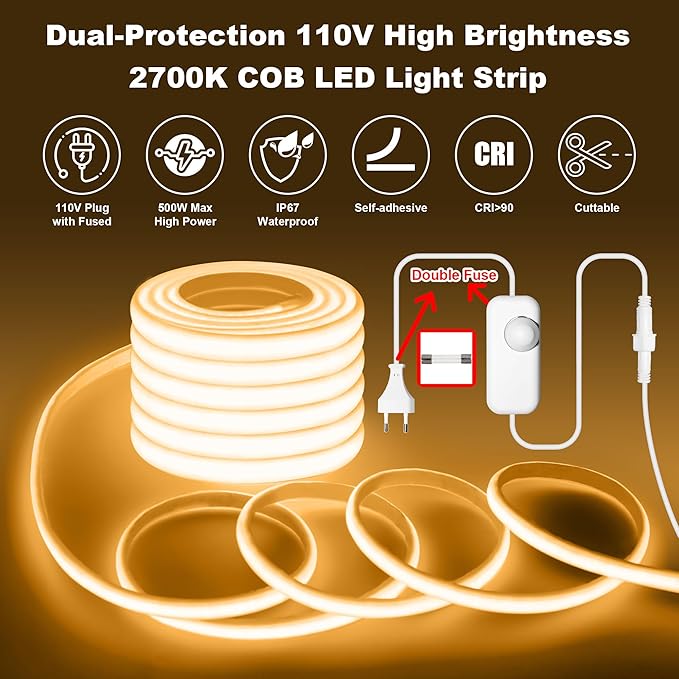 IP67 Waterproof COB LED Strip Lights AC 120V Direct Plug, 33FT Super Bright Outdoor Strip Lights with Double Fuse Controller, 2700K Warm White LED Strips for Garden Patio Commercial Decor