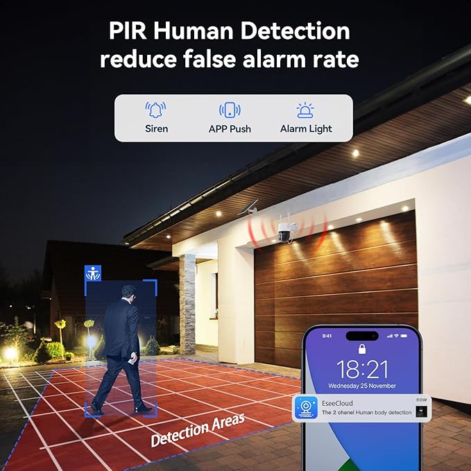 Solar Powered Security Camera System Outdoor with 10" Monitor, 2pcs 2K Wireless Cameras for Home Security, 360° Pan Tilt, True Color Night Vision, 2.4G/5G WiFi, 10CH NVR, 500GB HDD