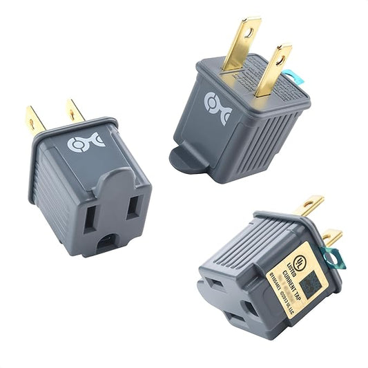 [UL Listed] Cable Matters 3-Pack 2 Prong to 3 Prong Outlet Adapter, 3P to 2P Plug Adapter - Converts a 2-Prong Outlet to Support 3-Prong Plugs, Gray
