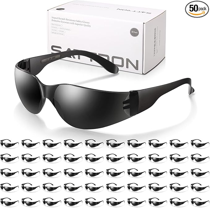 50 Pack of Tinted Safety Glasses, Scratch & Impact Resistant Protective Eyewear, Dark Lenses for UV Protection, Safety Sunglasses for Construction, Outdoor Work & Shooting