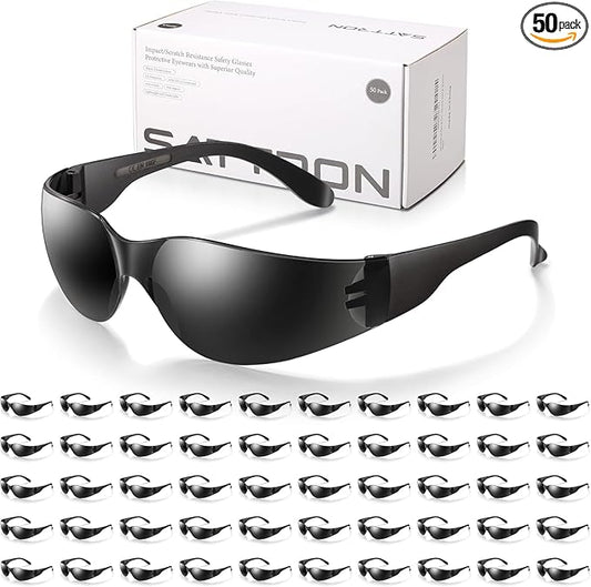50 Pack of Tinted Safety Glasses, Scratch & Impact Resistant Protective Eyewear, Dark Lenses for UV Protection, Safety Sunglasses for Construction, Outdoor Work & Shooting