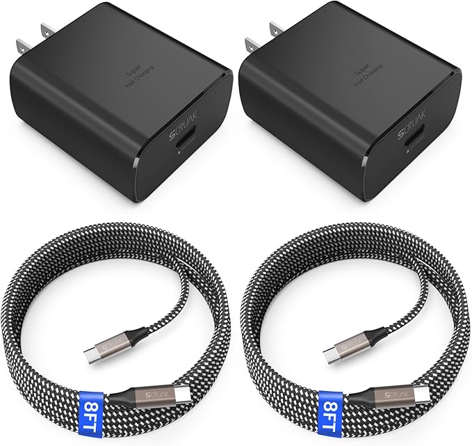 45W USB-C Charger, 2-Pack 45 Watt Super Fast Charger Type C Wall Charging Block with 2X 8FT Type C Cable for Samsung Galaxy S25 Ultra/S25/S25+/S24 Ultra/S23+/S23/S22/S20,Note 10/20,Tab S9/S8