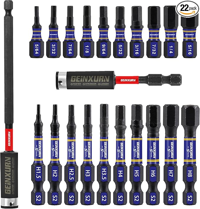 22 Pieces Multi Hex Head Impact Tough Magnetic Allen Wrench Drill Bits Set, (Metric&SAE)1 In./2 In. Mixed Hex Head S2 Steel Power Bits Set with Bit Extension Holder