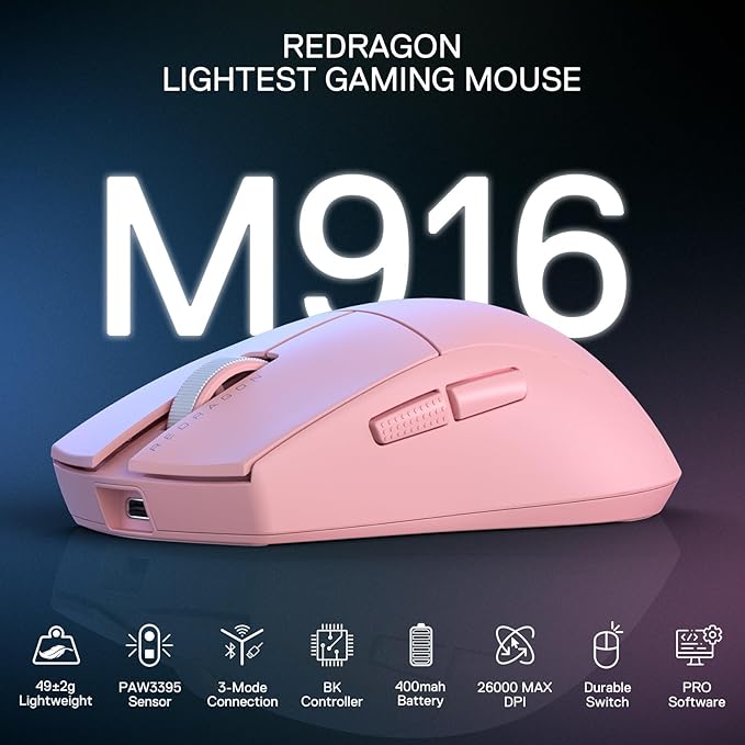 Redragon M916 PRO 3-Mode Wireless Gaming Mouse, 49G Ultra-Light 26K DPI Mouse w/Ergonomic Natural Grip Build, Full Programmable Buttons, Software Supports DIY Keybinds & DPI (1K Hz, Pink)