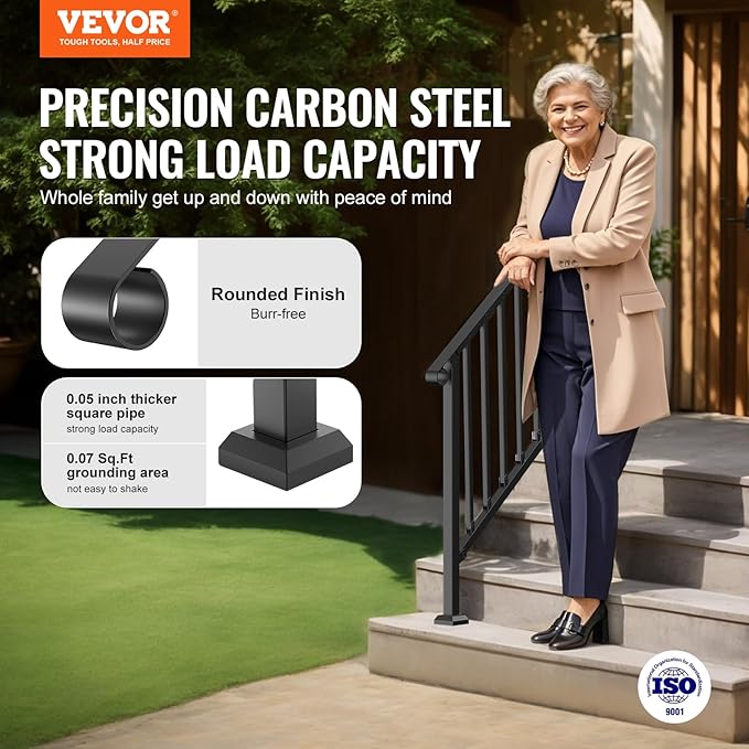 VEVOR Handrails for Outdoor Steps, 3-4 Step Stair Hand Rail Kit, Transitional Iron Railings with Installation Kit, Stair Rails for Seniors, Concrete Steps & Porch & Deck, Black Retro Arch