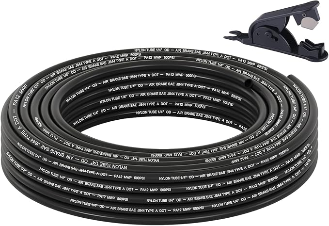 35FT 1/4 DOT Air Line SAE J844 PA12 Nylon Air Hose with Cutter 1/4” OD Pneumatic Tubing DOT Approved 1/4 Air Brake Hose for Air Suspension Kit Truck Trailer Brake System & Fluid Transfer 11m