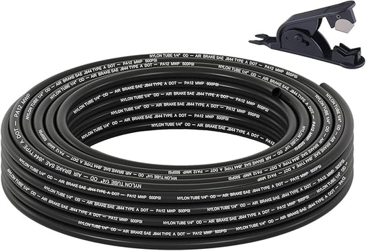 35FT 1/4 DOT Air Line SAE J844 PA12 Nylon Air Hose with Cutter 1/4” OD Pneumatic Tubing DOT Approved 1/4 Air Brake Hose for Air Suspension Kit Truck Trailer Brake System & Fluid Transfer 11m