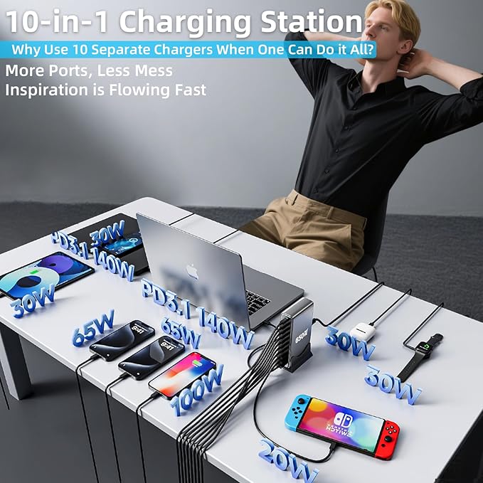 650W USB C Fast Charger Block,Dual PD 3.1 140W USB Charging Station, GaN Ⅲ Pro 10 Port PD PPS Fast Charging Station for Multiple Devices,Laptop Wall Charger Compatible with MacBook iPad iPhone 17 etc