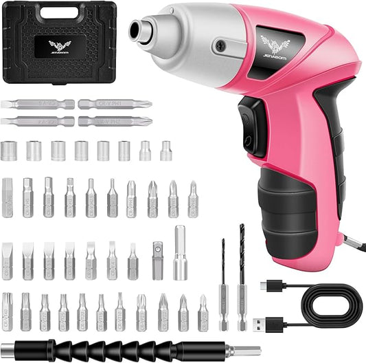 Cordless Screwdriver Rechargeable, Electric Screwdriver Cordless 47pcs, USB Small Power Screwdriver Set with LED Light for Women Home Office DIY Tools, Pink