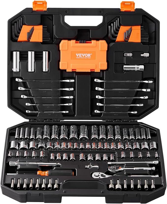 VEVOR Mechanics Tool Set, 145-Piece, Chrome Vanadium Steel, Polyethylene, SAE/Metric Sockets, Combination Wrench, Hex Wrenches, Accessories, Storage Case
