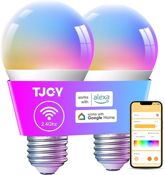 TJOY Smart Light Bulbs, Bluetooth WiFi Led Bulb Compatible with Alexa &Google Assistant, RGB Color Changing Alexa Bulb, 9W(60W Equivalent), A19 E26 800LM, 2.4Ghz WiFi only,2 Pack