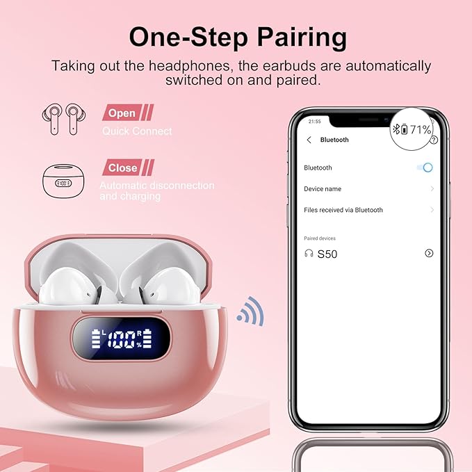Wireless Earbuds, Bluetooth 5.3 Headphones LED Power Display, 2025 New Wireless Earphones, 4 ENC Noise Cancelling Mic, HiFi Stereo, 48H Playtime Mini Case IP7 Waterproof for iOS Android