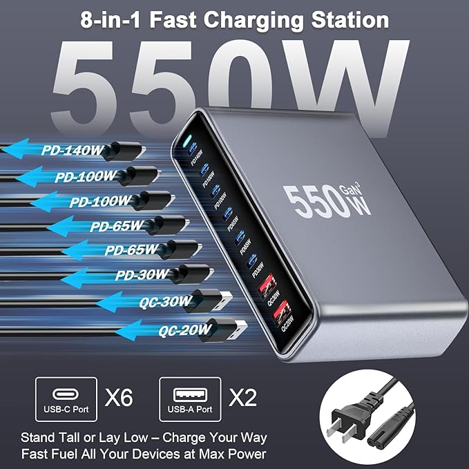 550W USB C Fast Charger Block, PD 3.1 140W USB C Charging Station, GaN Ⅲ Pro 8 Port PD PPS Fast Charging Station for Multiple Devices,Laptop Wall Charger Compatible with MacBook iPad iPhone 17/16 etc