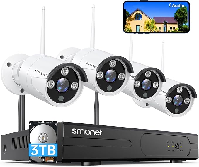 Wireless Security Camera System,SMONET 1080P 8 Channel Home Surveillance DVR Kits with 4pcs 2MP Full HD Cameras 3TB HDD Night Vision Motion Detection Free App for Indoor Outdoor 24/7 Video Recording
