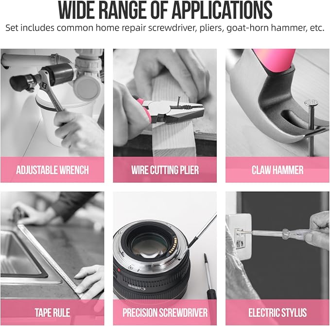 20 Pieces Home Tool Set, Basics Household Tool Kit with Small Mini Carrying Box for Men and Women DIY (Pink)