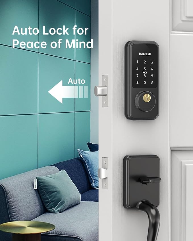 Keyless Entry Door Lock with Handle, Hornbill Smart Front Door Lock Set, Electronic Keypad Deadbolt Lock, Alexa Front Door Handle Set, Digital Lock via Bluetooth APP/Keyfob/Auto Lock-Matte Black
