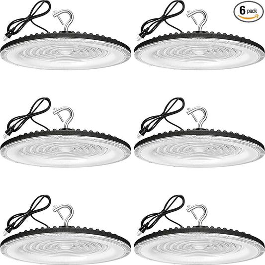 6 Pack 200W UFO Led High Bay Light,IP66 Waterproof,120VAC,30500LM 5000K Daylight Commercial Bay Lighting,850W MH/HPS with Plug Area Lighting for Warehouse/Shop/Workshop/Barn/Gym/Factory