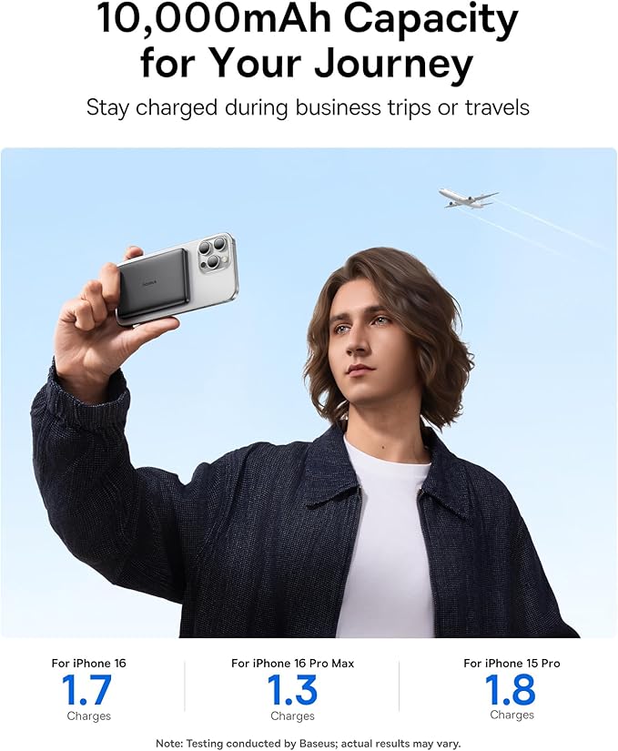 Baseus Picogo Magsafe Portable Charger, Qi2 Certified 0.5" Ultra Slim 15W Wireless Power Bank, 10000mAh 27W Fast Charging Magnetic Battery Pack with USB-C for iPhone 16/15/14/13/12 Series Only