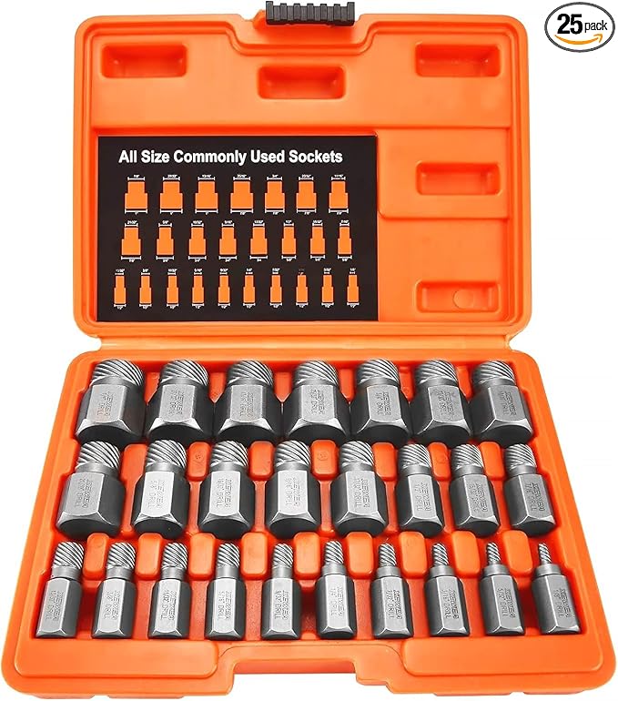 XEWEA 25Pcs Screw Extractor Set Hex Head Multi-Spline Easy Out Bolt Extractor Tool, Chrome Molybdenum Alloy Steel Heavy Duty EZ Out Rounded Screw Remover, Father's Day gift