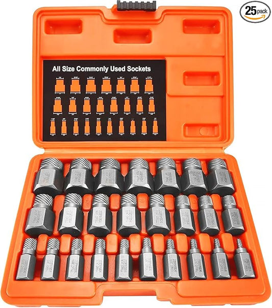 XEWEA 25Pcs Screw Extractor Set Hex Head Multi-Spline Easy Out Bolt Extractor Tool, Chrome Molybdenum Alloy Steel Heavy Duty EZ Out Rounded Screw Remover, Father's Day gift