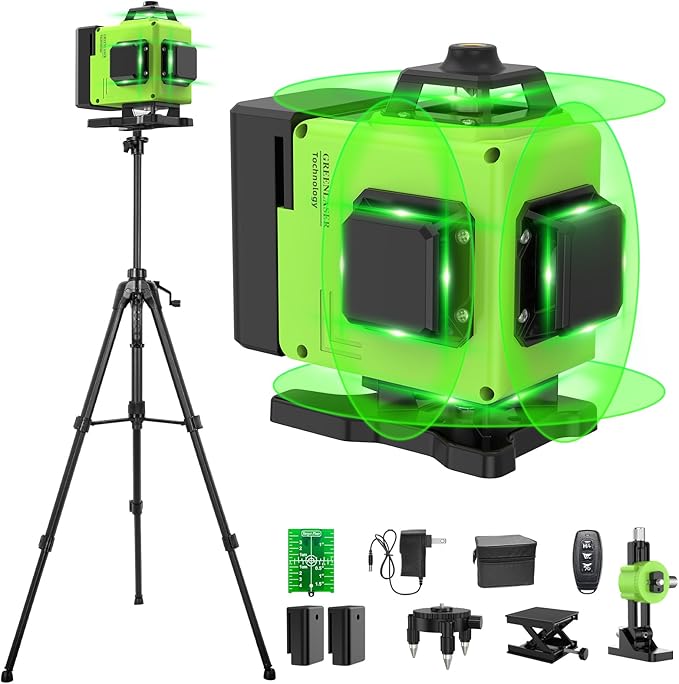 Laser Level with tripod 16 Lines Self Leveling, 4x360° 4D Green Beam Cross Line Lazer Level with 2 Batteries,Horizontal/Vertical Line Laser Remote Control for Tiling Floor Construction Picture Hanging