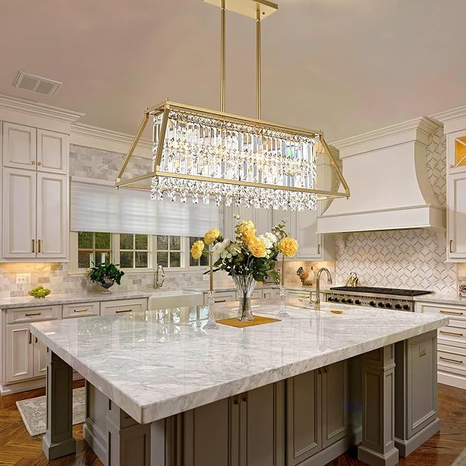 Crystal Chandelier Light for Dining Room, 4-Light Trapezoidal Industrial K9 Crystal Pendant Lights with Brushed Gold Metal Frame Pendant Lamp for Kitchen Island Living Room Entryway (Gold)