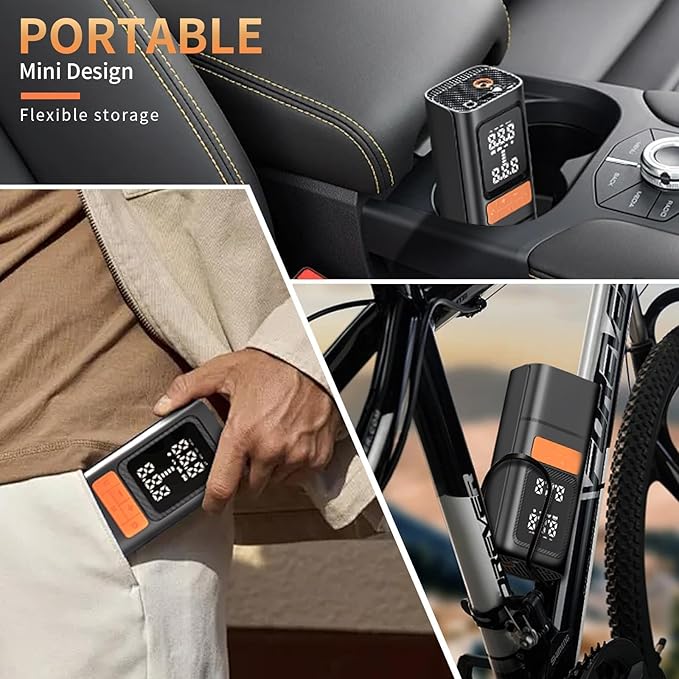 Tire Inflator, Portable Air Compressor for Car with Touch Screen, 150PSI Cordless, Fast Inflation (0-2.5BAR in 10min), Power Bank & LED Light, Auto Shut Off for Bike, Motorcycle, Ball
