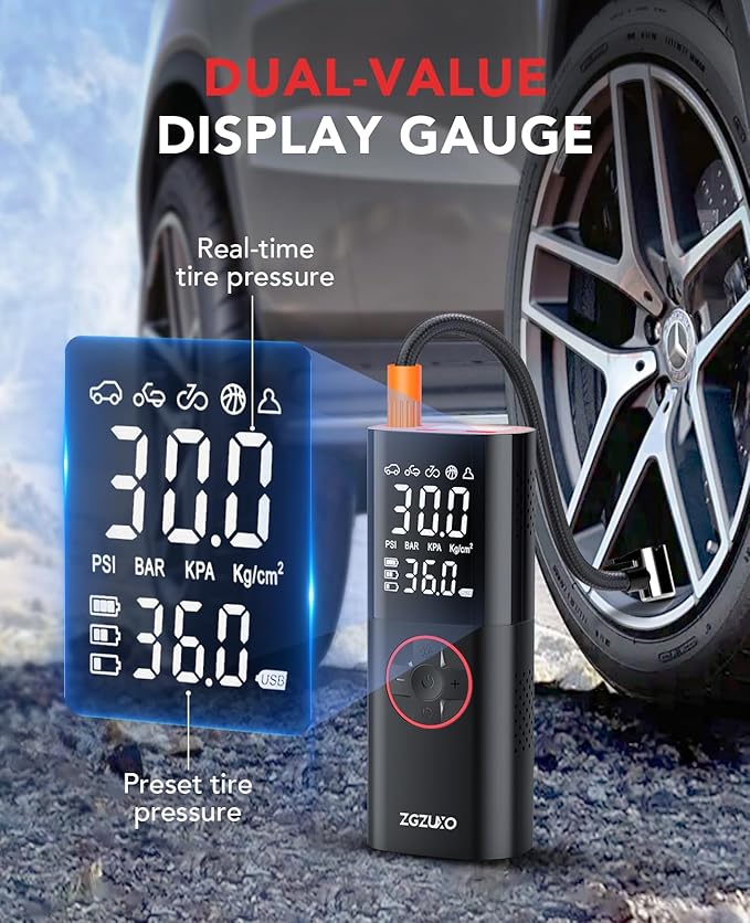 Tire Inflator Portable Air Compressor, 150PSI Rechargeable Air Pump for Car Tires with Battery, Cordless Tire Pump with Pressure Gauge & LCD Dual Screen, for Cars, Motorcycles, Bikes, Balls