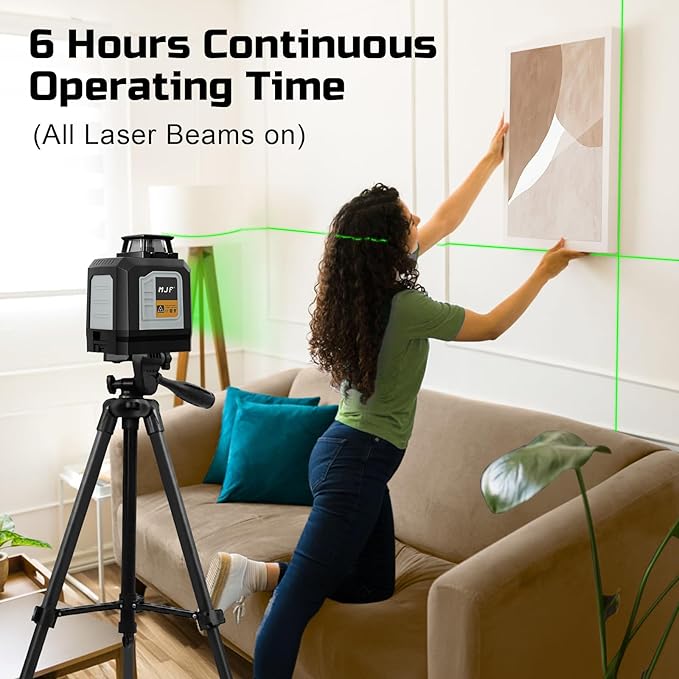 MJF 360° Laser Level, Green Self Leveling Cross Line Laser Tool with 4 Brightness Adjustment for Floor Tile Wall Construction, L-Bracket, Batteries & Carry Bag Included