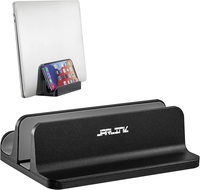 JARLINK 2-in-1 Design Vertical Laptop Stand Holder, Aluminum Laptop Stand for Desk with Adjustable Dock, Space-Saving Organizer Compatible with All MacBook, Samsung, HP, Dell, Chrome Book, Black