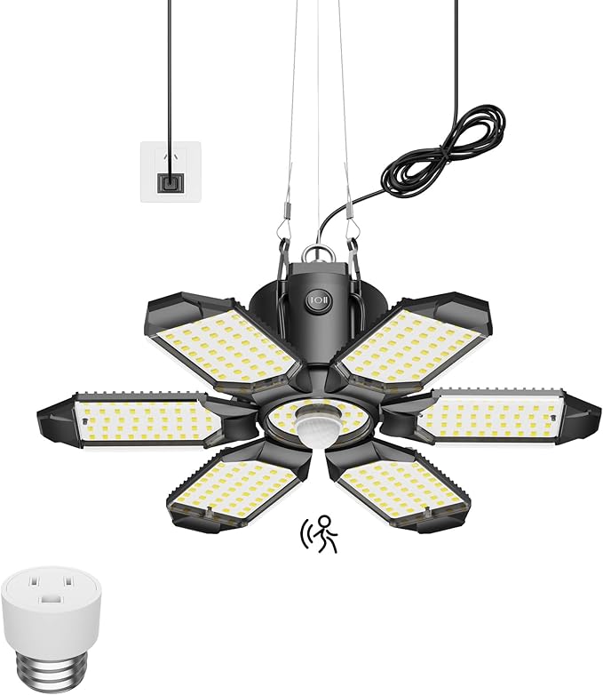 Plug-in Motion Sensor Garage Light 20000LM, Linkable Garage Ceiling Light Led with E26 Adapter,Motion Sensor Light Indoor Blub - 360° Detection for Workshop/Basement