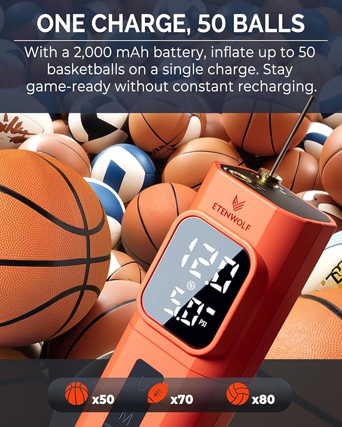 ETENWOLF P200 Electric Ball Pump 2000mAh Sports Air Pump with Digital Pressure Gauge for Basketball Soccer Volleyball