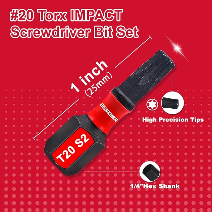 40Pieces 1 In. T20 Impact Tough Magnetic Screwdriver Bit Set, #20 Torx Head Insert Bits, S2 Alloy Steel Star Bits with 1Pc Impact Bit Holder and Storage M-Box