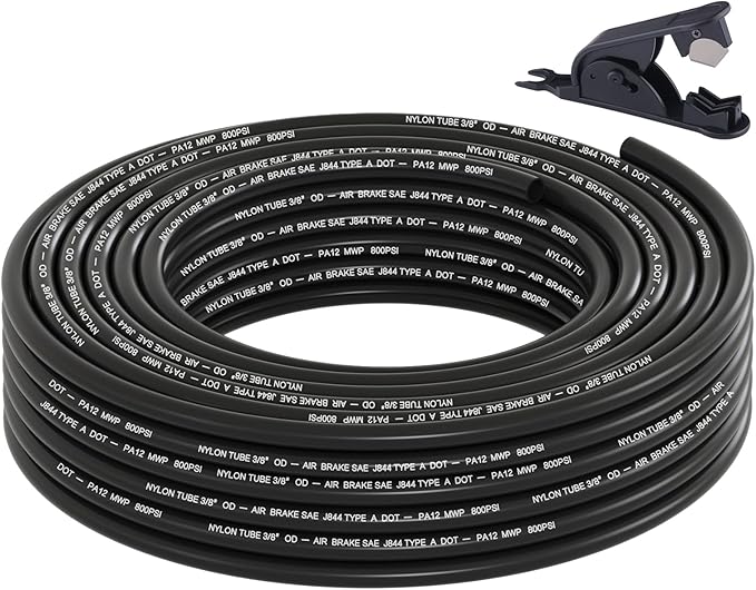 50FT 3/8 DOT Air Line SAE J844 PA12 Nylon Air Hose with Cutter 3/8” OD Pneumatic Tubing DOT Approved 3/8 Air Brake Hose for Air Suspension Kit Truck Trailer Brake System & Fluid Transfer 15.5m