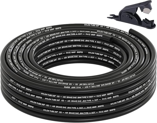 50FT 3/8 DOT Air Line SAE J844 PA12 Nylon Air Hose with Cutter 3/8” OD Pneumatic Tubing DOT Approved 3/8 Air Brake Hose for Air Suspension Kit Truck Trailer Brake System & Fluid Transfer 15.5m
