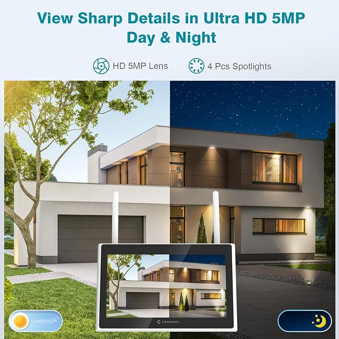 Expandable 10 Channel Wireless Security Camera System with 10.1" Monitor, AI Human Detection, Spotlight,Siren Alarm, 2-Way Audio,4Pcs 5MP Camera,Home Business Surveillance,1TB HDD