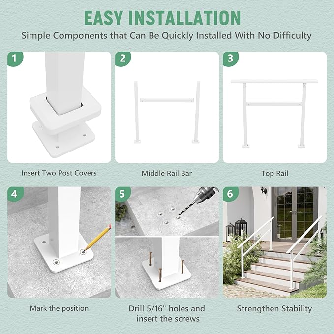 2 Pack Hand Rails for Outdoor Steps,4-5 Step Railing for Stairs,Adjustable Porch Railing,Hand Rails for Seniors,Outdoor Deck Handrails for Exterior Steps,White