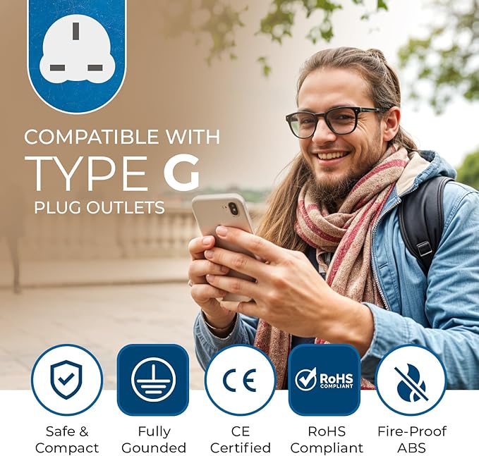 OREI UK, Ireland, Dubai Power Plug Adapter with 2 USA Inputs - Travel 3 Pack - Type G (US-7) Fuse Protected - Use with Cell Phones, Laptop, Camera Chargers, CPAP, and More