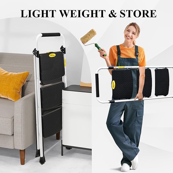 HBTower Step Ladder, Folding Step Stool with Wide Anti-Slip Pedal, Sturdy Steel Ladder, Convenient Handrail, Lightweight, Portable Steel Step Stool